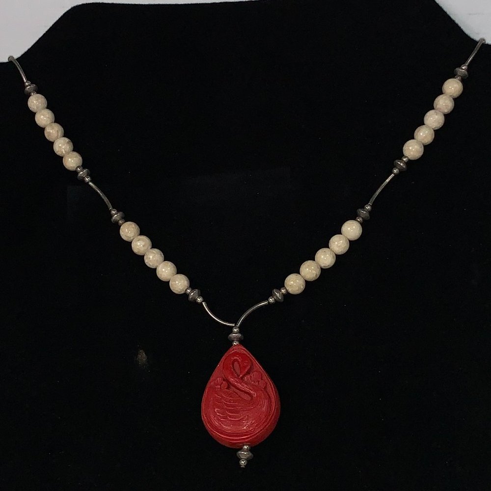 18 " Red Swan and Riverstone Handmade Beaded Necklace